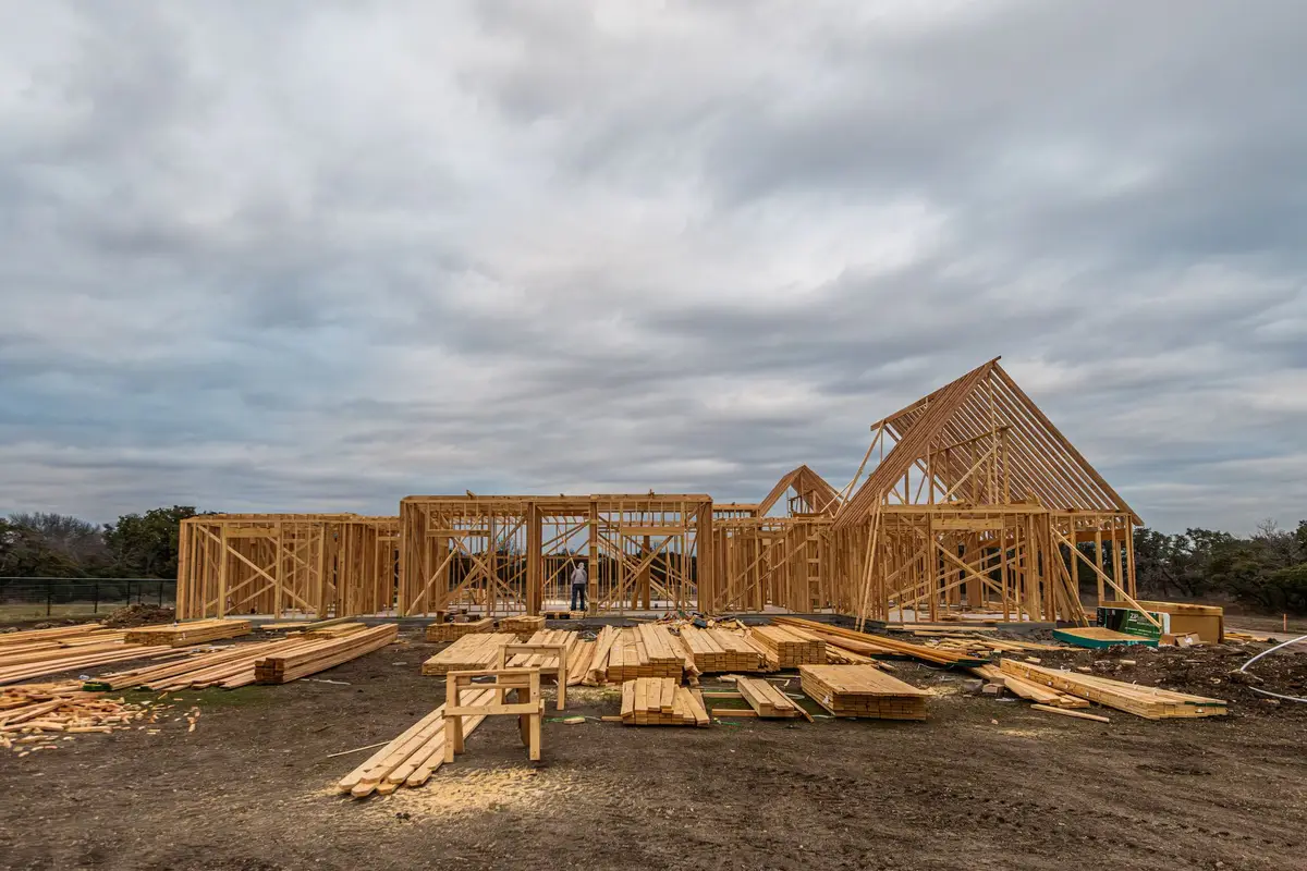 Wood framing for a construction project in Central Texas