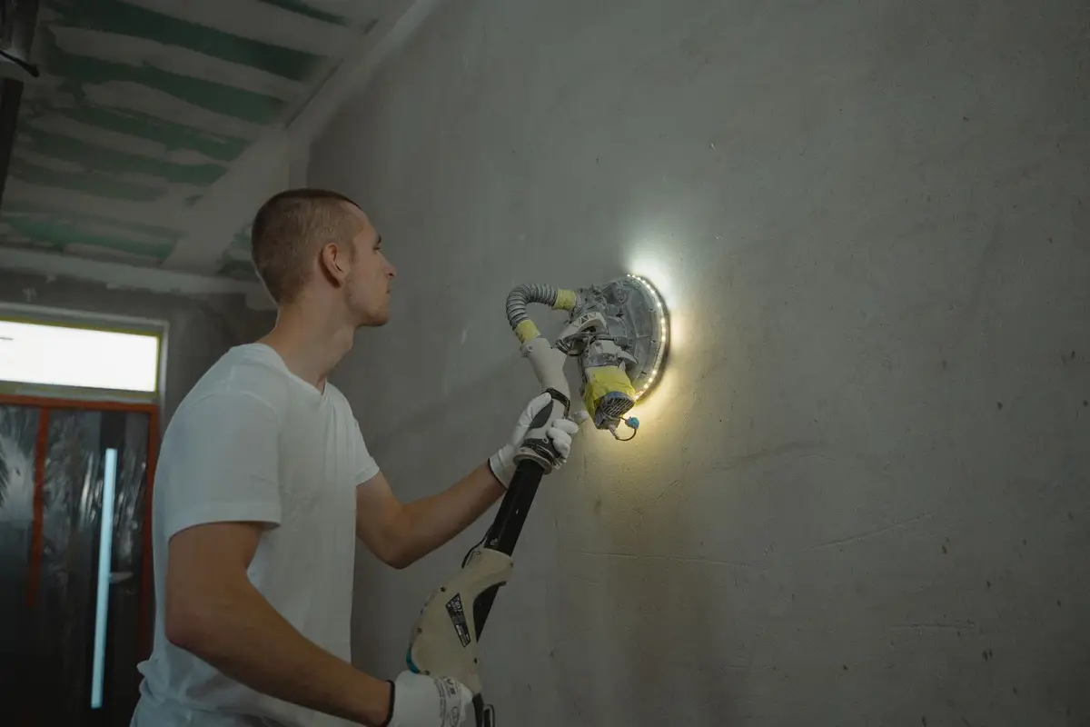 Drywall contractor sanding a wall smooth in Kyle, TX