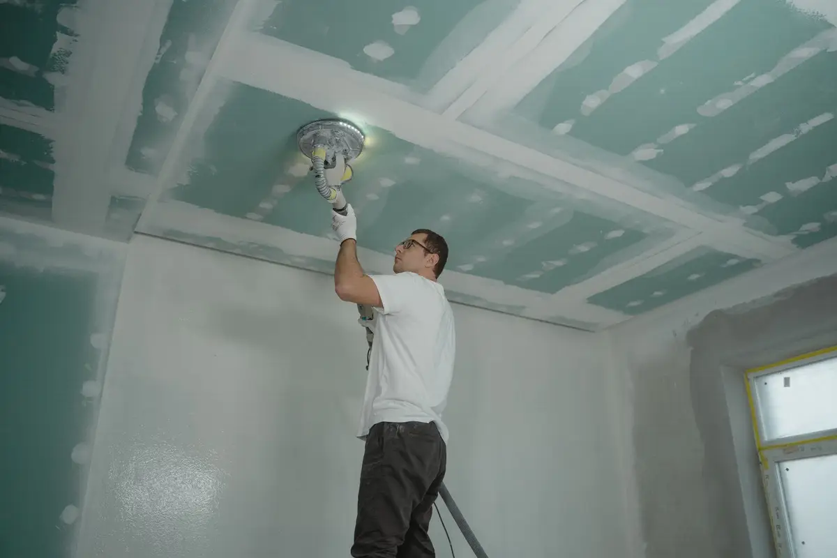 Drywall worker finishing a ceiling during a remodeling project in Kyle, TX